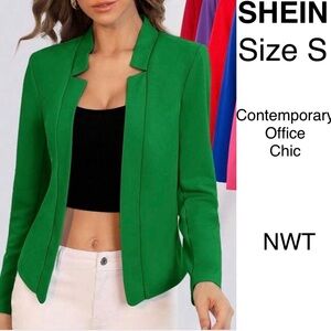💚 Elegant Green Women's Jacket Contemporary Office Chic Open Cardigan Blazer